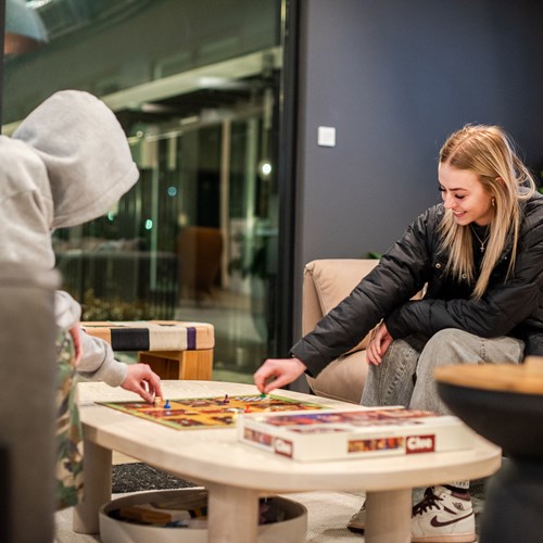 girl and person in a hoodie playing the board game Clue