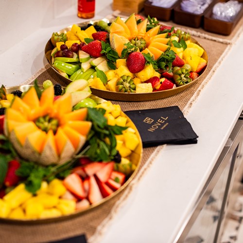 fruit trays and NOVEL Daybreak napkins at a resident event