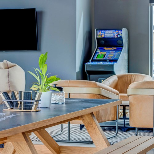 game room picnic table and arcade game