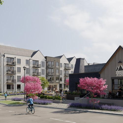 Rendering of the grounds at our apartments in Daybreak, Utah, featuring someone biking on the street and a coffee shop.